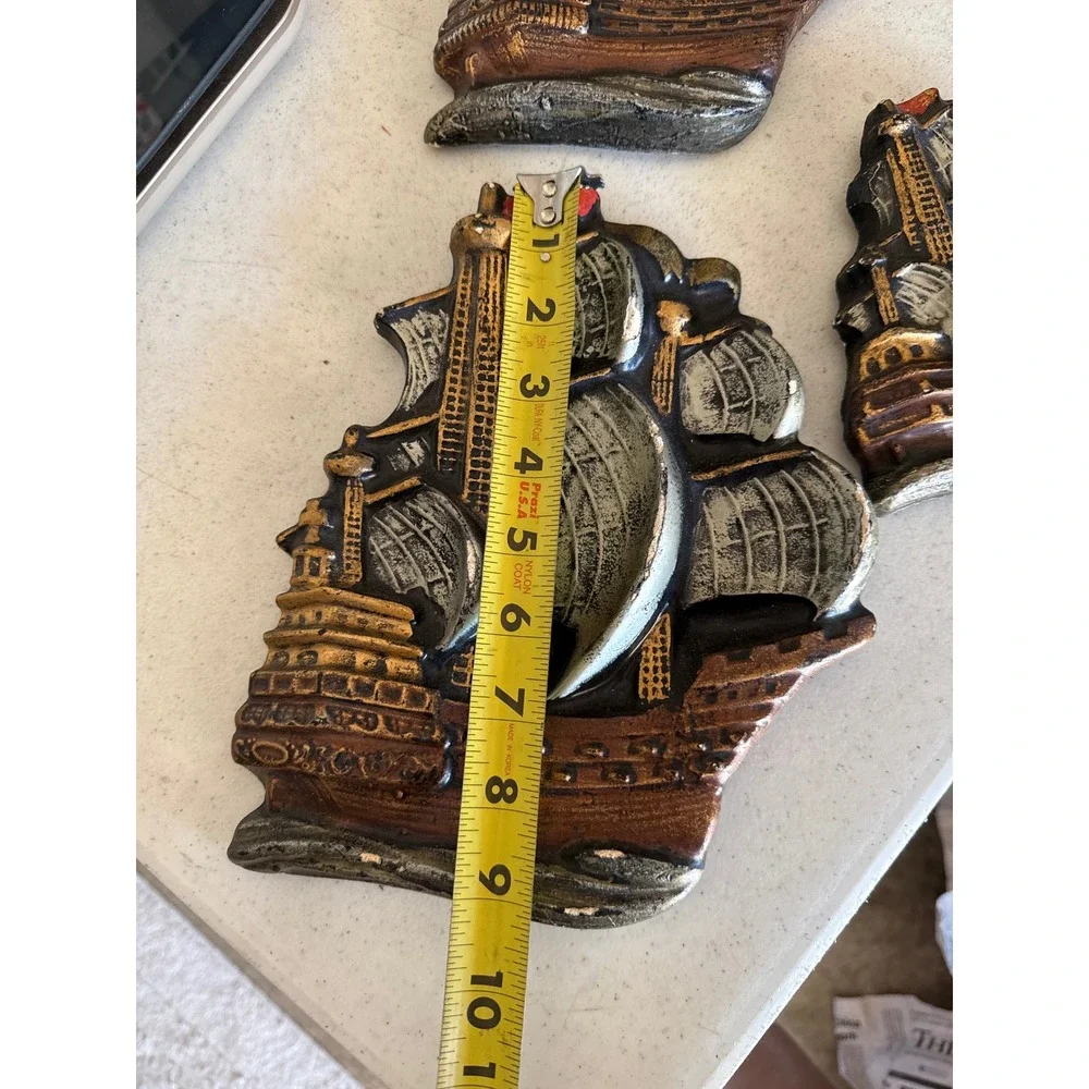 Vintage Nautical Pirate Ship Wall‎ Decor 3D Galleon Plaques Set of 3 Bronze Gold
